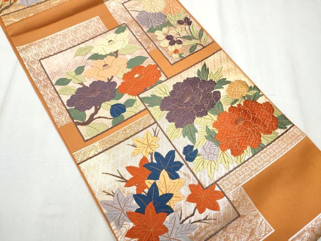 平和屋着物●六通柄袋帯　唐織　色紙重ね草花文　銀糸　正絹　逸品　CABD0535hy