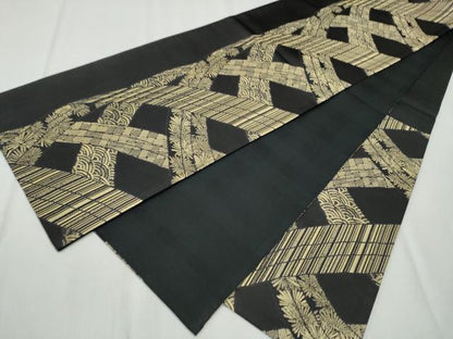 平和屋着物●六通柄袋帯　吉祥花文　黒地　金糸　正絹　逸品　CABD0539hy
