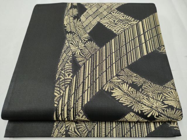 平和屋着物●六通柄袋帯　吉祥花文　黒地　金糸　正絹　逸品　CABD0539hy