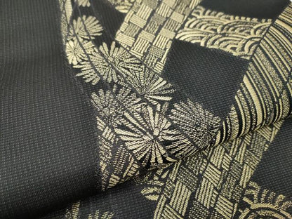 平和屋着物●六通柄袋帯　吉祥花文　黒地　金糸　正絹　逸品　CABD0539hy
