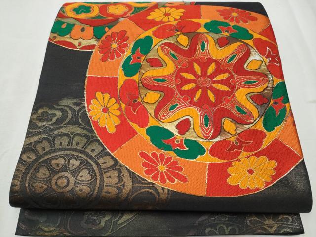 平和屋着物▼六通柄袋帯 手織 絵皿花文 金糸 正絹 逸品 CABD0541hy
