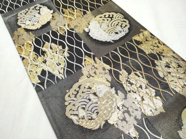 平和屋着物●両面　六通柄袋帯　市松荒磯文　黒地　金銀糸　正絹　逸品　CABD0543hy
