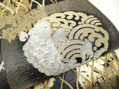 平和屋着物●両面　六通柄袋帯　市松荒磯文　黒地　金銀糸　正絹　逸品　CABD0543hy