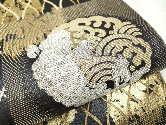 平和屋着物●両面　六通柄袋帯　市松荒磯文　黒地　金銀糸　正絹　逸品　CABD0543hy