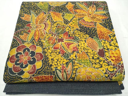 平和屋着物●太鼓柄袋帯　紬地　型染め　更紗花文　正絹　逸品　CABD0555hy