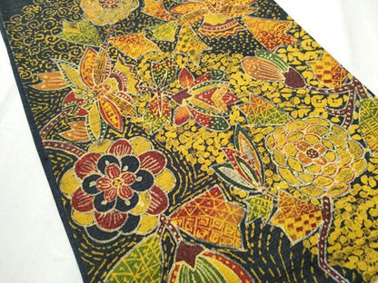 平和屋着物●太鼓柄袋帯　紬地　型染め　更紗花文　正絹　逸品　CABD0555hy