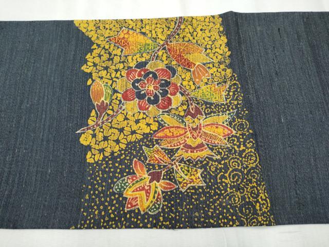 平和屋着物●太鼓柄袋帯　紬地　型染め　更紗花文　正絹　逸品　CABD0555hy
