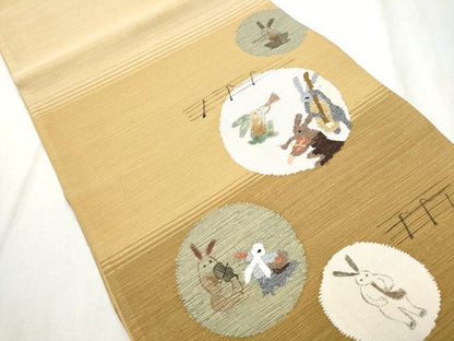平和屋着物●太鼓柄袋帯　すくい織　兎丸文　演奏　正絹　逸品　CABD0557hy