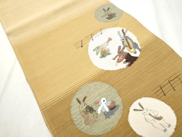 平和屋着物●太鼓柄袋帯　すくい織　兎丸文　演奏　正絹　逸品　CABD0557hy