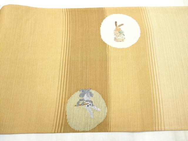 平和屋着物●太鼓柄袋帯　すくい織　兎丸文　演奏　正絹　逸品　CABD0557hy