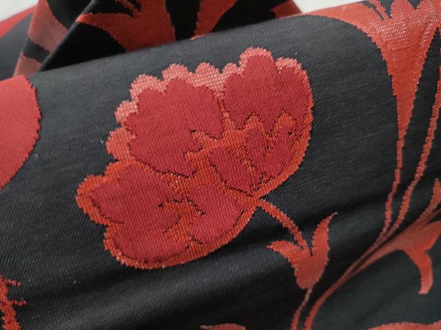 平和屋着物●九寸名古屋帯　紬地　更紗花鳥唐草文　黒地　正絹　逸品　CABD0565hy