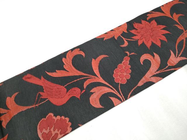 平和屋着物●九寸名古屋帯　紬地　更紗花鳥唐草文　黒地　正絹　逸品　CABD0565hy
