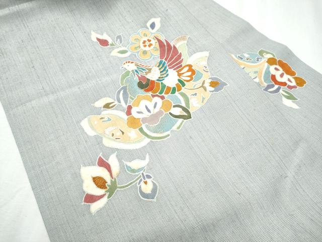 平和屋着物●九寸名古屋帯　紬地　駒刺繍　鳳凰更紗花文　銀通し地　正絹　逸品　CABD0574hy