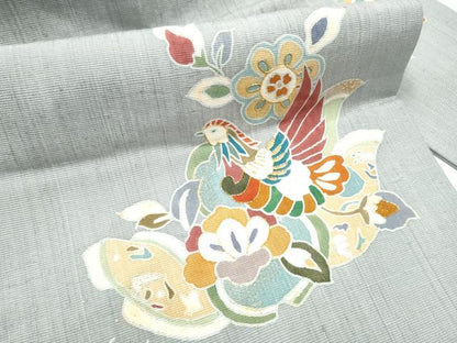 平和屋着物●九寸名古屋帯　紬地　駒刺繍　鳳凰更紗花文　銀通し地　正絹　逸品　CABD0574hy
