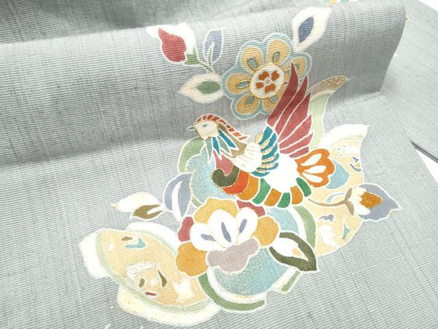 平和屋着物●九寸名古屋帯　紬地　駒刺繍　鳳凰更紗花文　銀通し地　正絹　逸品　CABD0574hy