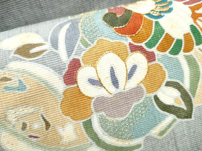 平和屋着物●九寸名古屋帯　紬地　駒刺繍　鳳凰更紗花文　銀通し地　正絹　逸品　CABD0574hy