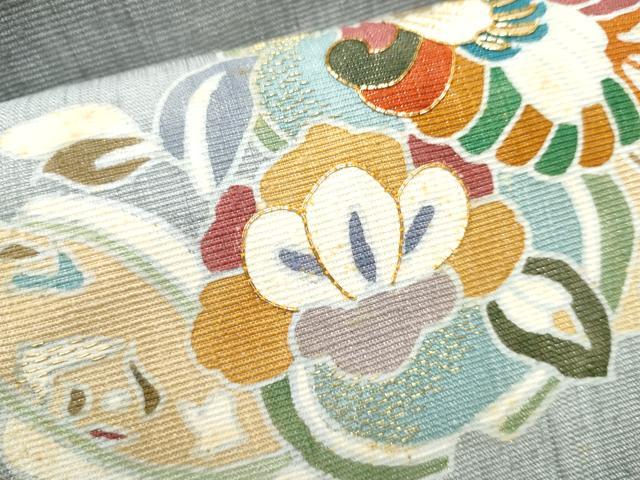 平和屋着物●九寸名古屋帯　紬地　駒刺繍　鳳凰更紗花文　銀通し地　正絹　逸品　CABD0574hy