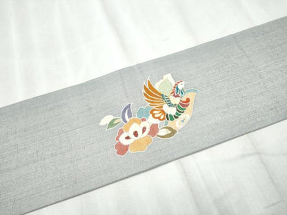 平和屋着物●九寸名古屋帯　紬地　駒刺繍　鳳凰更紗花文　銀通し地　正絹　逸品　CABD0574hy