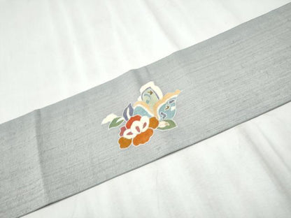 平和屋着物●九寸名古屋帯　紬地　駒刺繍　鳳凰更紗花文　銀通し地　正絹　逸品　CABD0574hy
