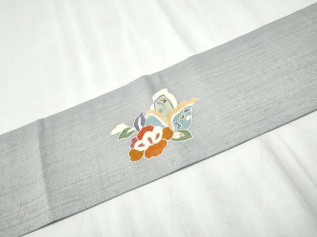 平和屋着物●九寸名古屋帯　紬地　駒刺繍　鳳凰更紗花文　銀通し地　正絹　逸品　CABD0574hy