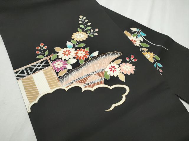 平和屋着物●塩瀬 九寸名古屋帯 駒刺繍 風景花文 黒地 金彩 正絹 逸品 CABD0577hy