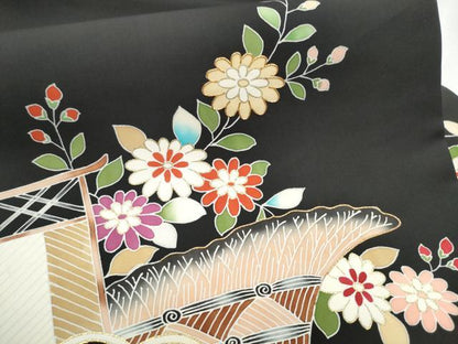 平和屋着物●塩瀬 九寸名古屋帯 駒刺繍 風景花文 黒地 金彩 正絹 逸品 CABD0577hy