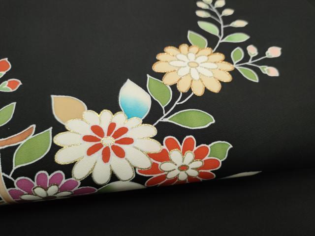 平和屋着物●塩瀬 九寸名古屋帯 駒刺繍 風景花文 黒地 金彩 正絹 逸品 CABD0577hy