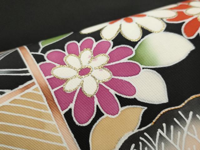 平和屋着物●塩瀬 九寸名古屋帯 駒刺繍 風景花文 黒地 金彩 正絹 逸品 CABD0577hy