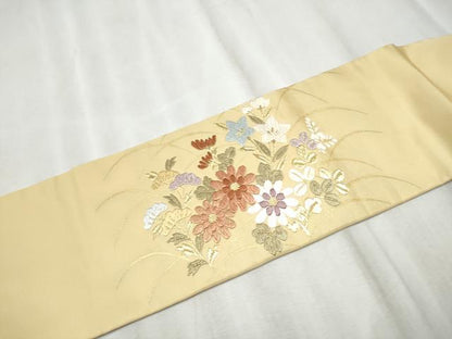 平和屋着物●九寸名古屋帯　唐織　草花文　金糸　正絹　逸品　CABD0582hy