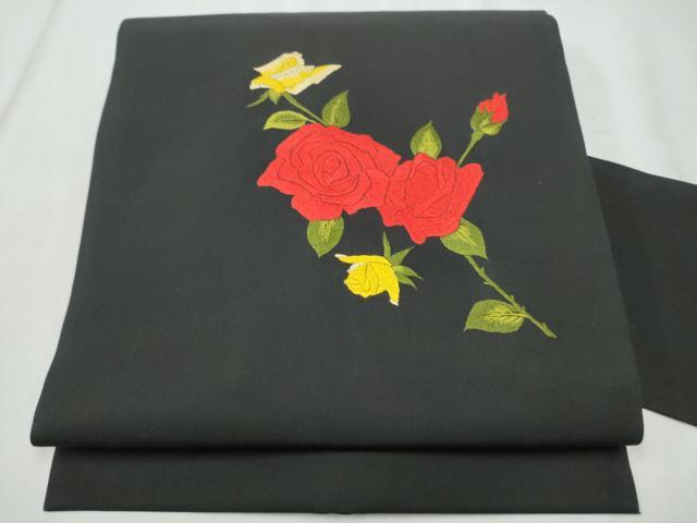 平和屋着物●九寸名古屋帯　総刺繍　薔薇　黒地　正絹　逸品　CABD0588hy