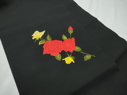 平和屋着物●九寸名古屋帯　総刺繍　薔薇　黒地　正絹　逸品　CABD0588hy