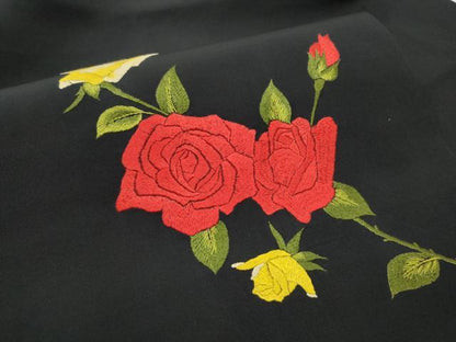 平和屋着物●九寸名古屋帯　総刺繍　薔薇　黒地　正絹　逸品　CABD0588hy