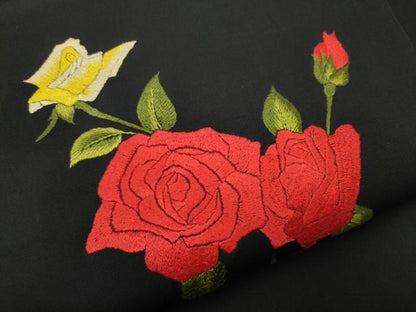 平和屋着物●九寸名古屋帯　総刺繍　薔薇　黒地　正絹　逸品　CABD0588hy
