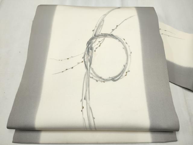 平和屋着物●塩瀬　九寸名古屋帯　手描き　枝葉丸文　正絹　逸品　CABD0592hy