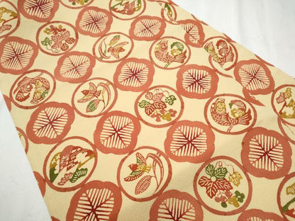 平和屋着物●全通柄　九寸名古屋帯　型染め　風景花鳥文　鬼しぼ縮緬　正絹　逸品　CABD0594hy
