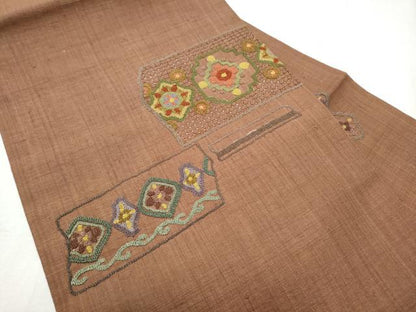 平和屋着物●中国三大刺繍 スワトウ相良刺繍 総刺繍 九寸名古屋帯 紬地 吉祥花文 正絹 逸品 CABD0597hy