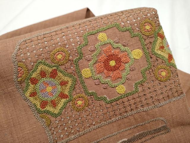 平和屋着物●中国三大刺繍 スワトウ相良刺繍 総刺繍 九寸名古屋帯 紬地 吉祥花文 正絹 逸品 CABD0597hy