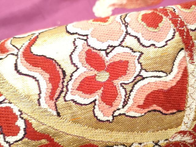 平和屋着物●アンティーク　大正ロマン　九寸名古屋帯　唐織　鏡裏花唐草文　金糸　正絹　逸品　CABD0602hy