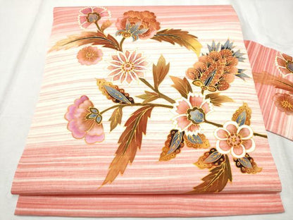 平和屋着物●塩瀬　九寸名古屋帯　更紗花文　正絹　逸品　CABD0605hy