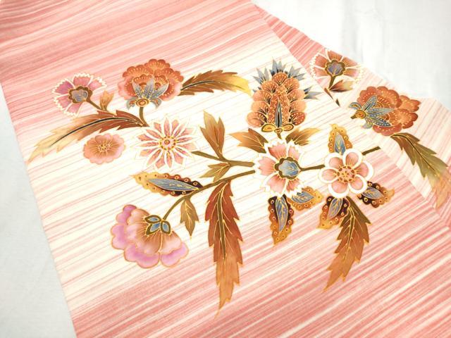 平和屋着物●塩瀬　九寸名古屋帯　更紗花文　正絹　逸品　CABD0605hy