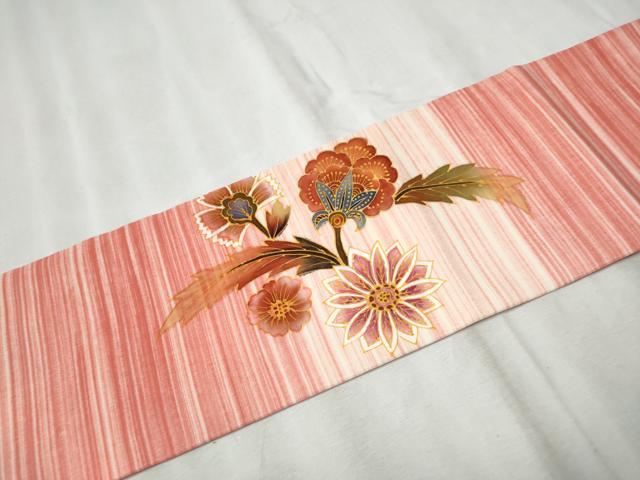 平和屋着物●塩瀬　九寸名古屋帯　更紗花文　正絹　逸品　CABD0605hy