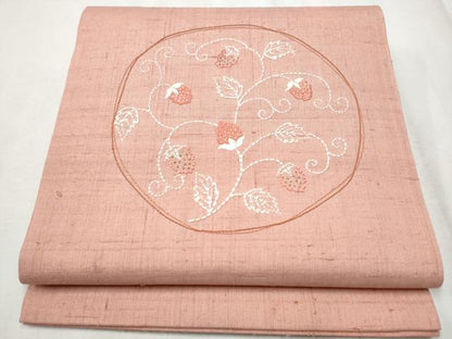 平和屋着物●中国三大刺繍刺繍　相良刺繍　九寸開き古屋帯　紬地　枝花丸文　金糸　正絹　逸品　CABD0612hy