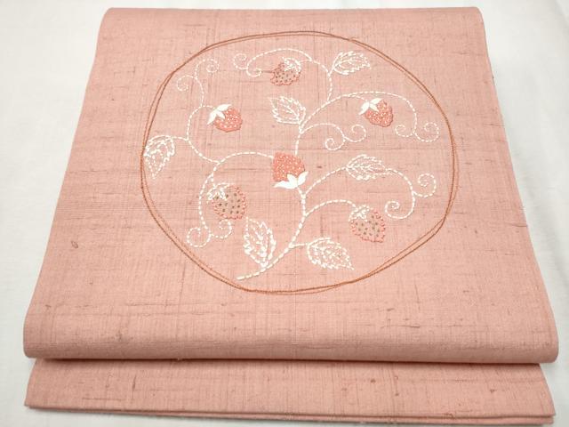 平和屋着物●中国三大刺繍刺繍　相良刺繍　九寸開き古屋帯　紬地　枝花丸文　金糸　正絹　逸品　CABD0612hy