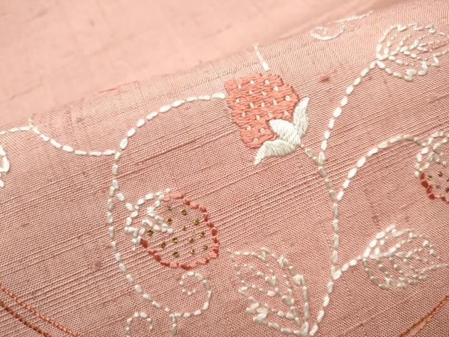 平和屋着物●中国三大刺繍刺繍　相良刺繍　九寸開き古屋帯　紬地　枝花丸文　金糸　正絹　逸品　CABD0612hy