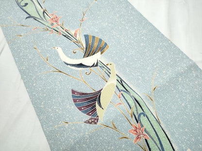 平和屋着物●九寸開き名古屋帯　孔雀枝花文　たたき染め　鬼しぼ縮緬　正絹　逸品　CABD0613hy