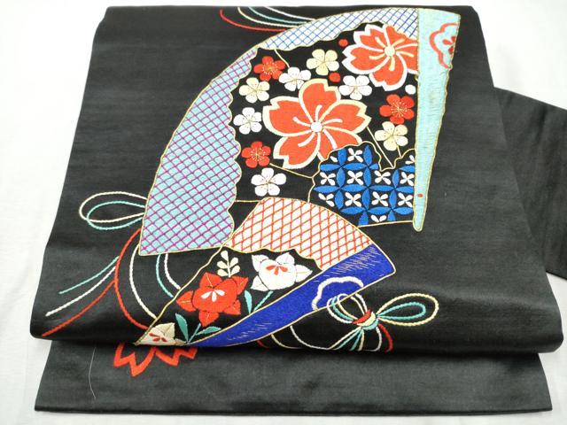 平和屋着物●アンティーク　大正ロマン　九寸名古屋帯　駒刺繍　総刺繍　扇面花文　黒地　金糸　正絹　逸品　CABD0614hy