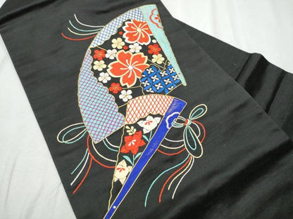 平和屋着物●アンティーク　大正ロマン　九寸名古屋帯　駒刺繍　総刺繍　扇面花文　黒地　金糸　正絹　逸品　CABD0614hy
