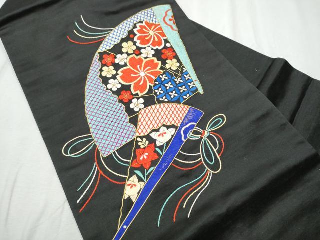 平和屋着物●アンティーク　大正ロマン　九寸名古屋帯　駒刺繍　総刺繍　扇面花文　黒地　金糸　正絹　逸品　CABD0614hy
