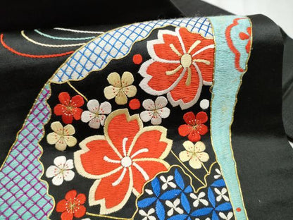 平和屋着物●アンティーク　大正ロマン　九寸名古屋帯　駒刺繍　総刺繍　扇面花文　黒地　金糸　正絹　逸品　CABD0614hy