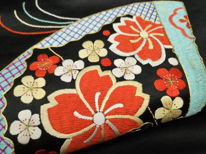 平和屋着物●アンティーク　大正ロマン　九寸名古屋帯　駒刺繍　総刺繍　扇面花文　黒地　金糸　正絹　逸品　CABD0614hy